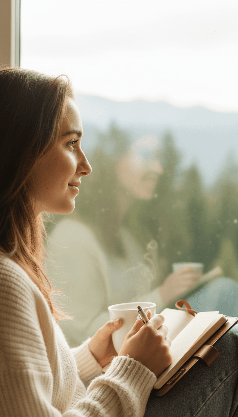 Woman in profile looking thoughtfully out window, holding journal, bathed in soft natural light