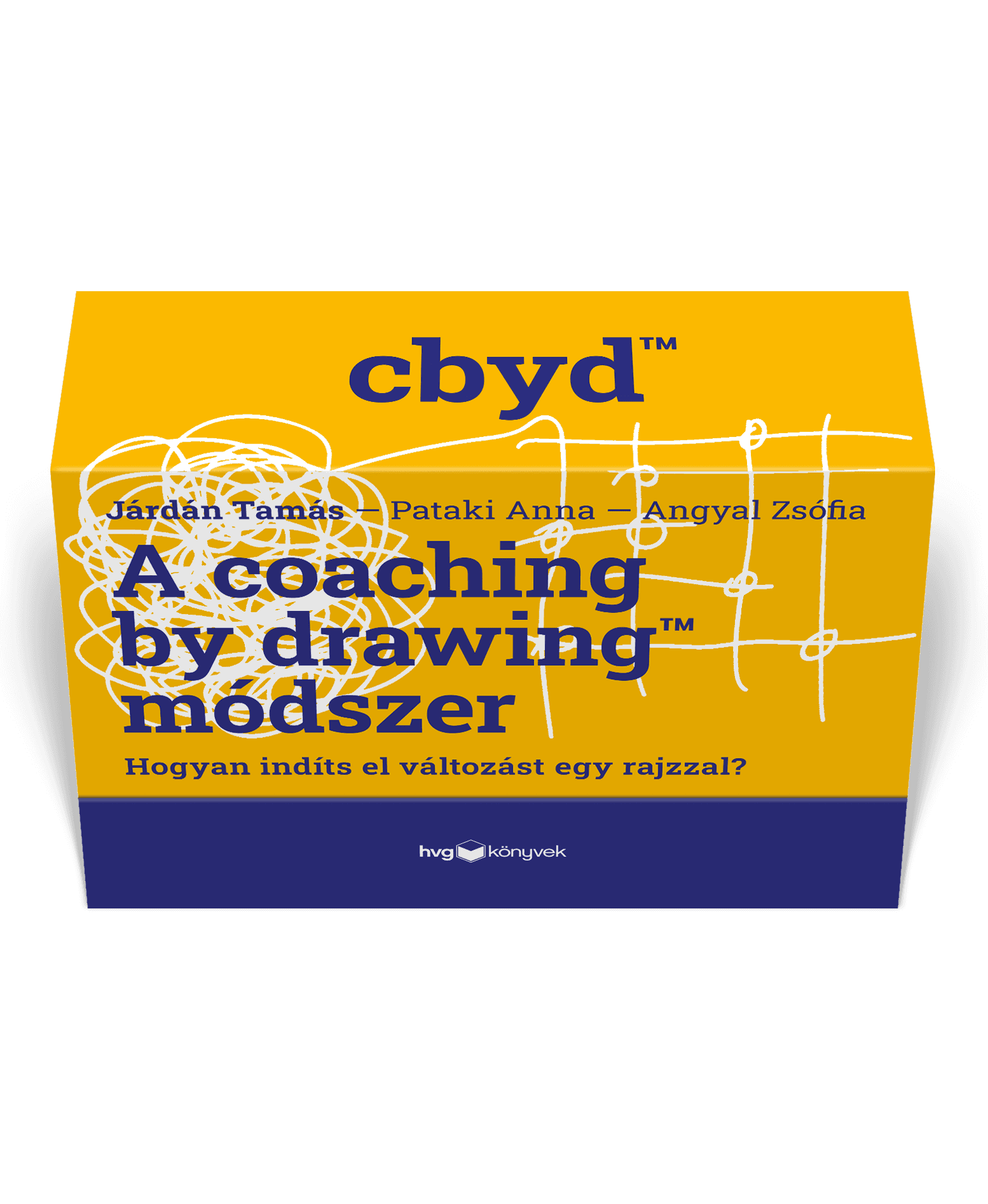 Gelbes Buchcover mit dem Titel 'A coaching by drawing módszer' und einer weißen Linienzeichnung.
